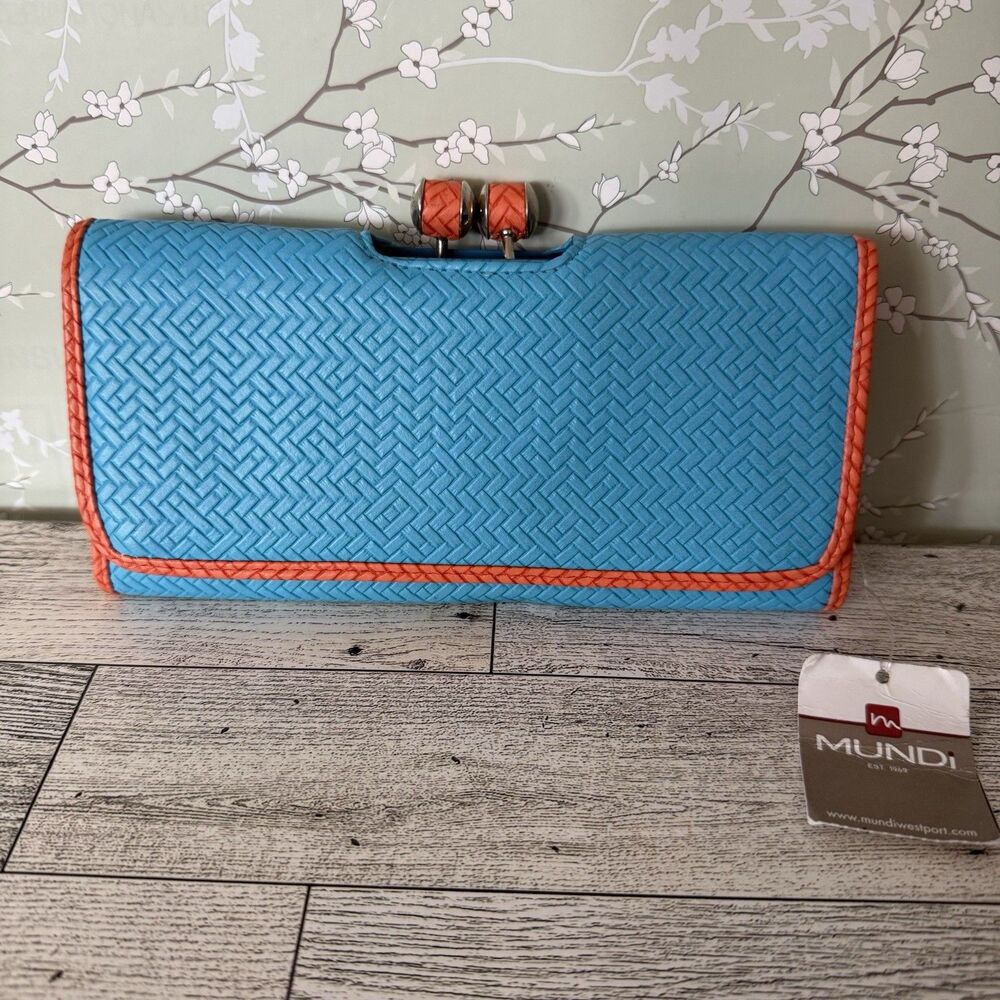 Mundi Ladies Fold Over My Big Fat Wallet Turquoise And Orange Woven Design NWT